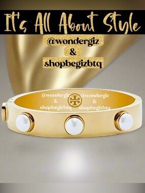 🆕Tory Burch Authentic Metal Logo & Stud Pearls Swarovski Crystal Cuff Bracelet